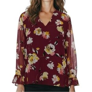 WHITE HOUSE BLACK MARKET Burgundy Long Sheer Sleeve Lined Blouse Size Medium